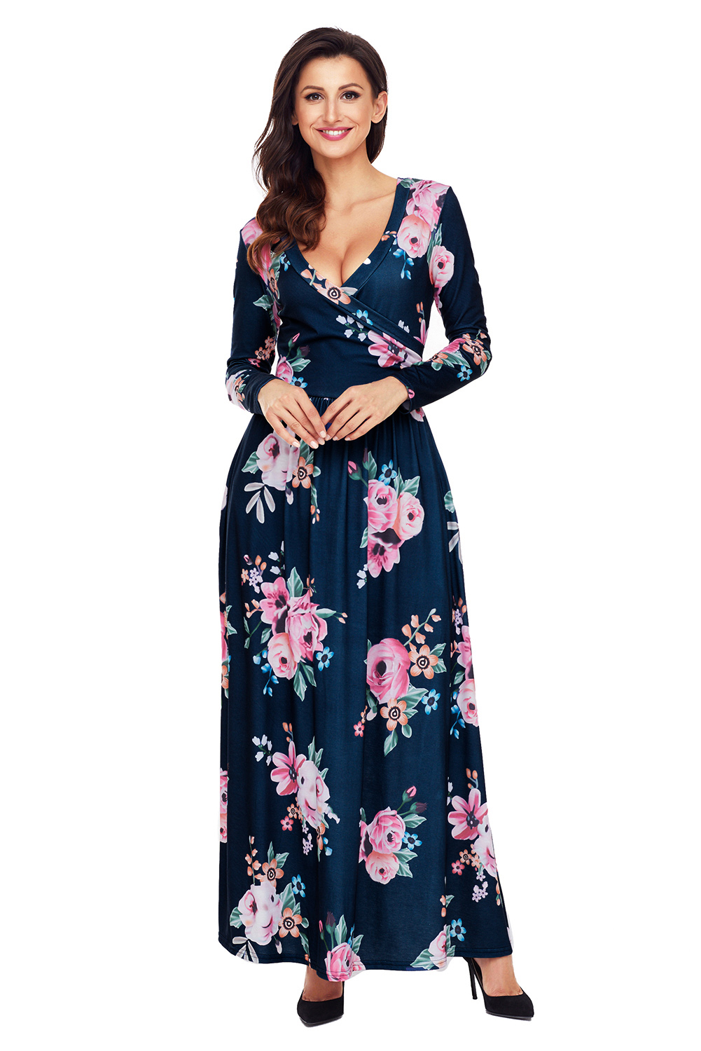 BY61772-5 Navy Floral Surplice Long Sleeve Maxi Boho Dress